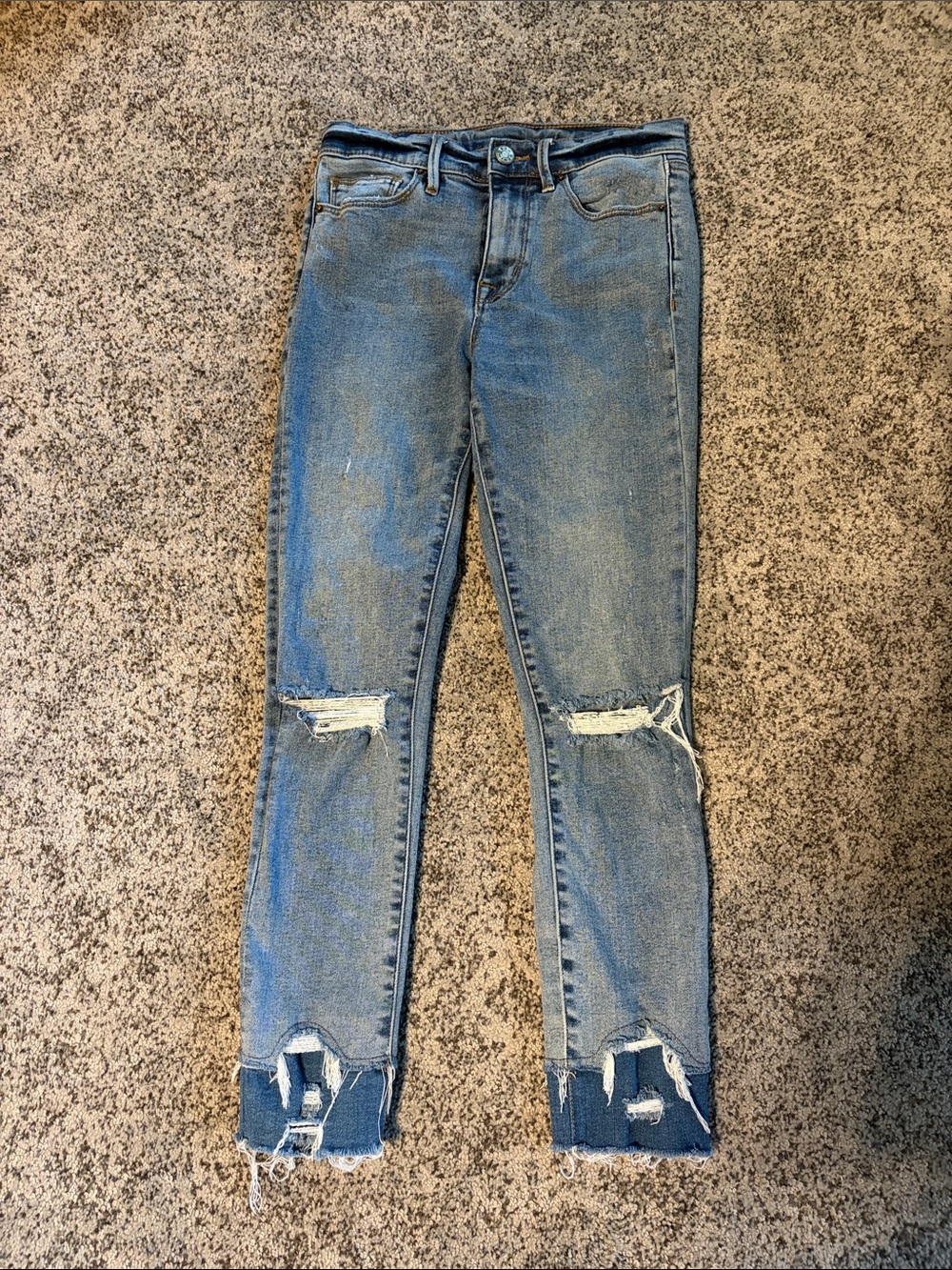 BDG Women's Distressed Skinny Ankle Jeans - Light Blue with Two Tone Bottoms.